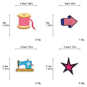 Tabla de tallas de parches bordados con dimensiones y peso para proyectos de costura DIY