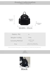 Size chart showing black PU leather backpack dimensions 30x25x14cm and 0.69kg weight