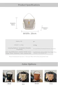 Detailed size chart and four-color comparison of stylish embossed teddy bear bucket bags