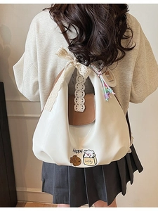 Sac demi-lune blanc avec nœud en dentelle et imprimé ours pour étudiantes à la mode