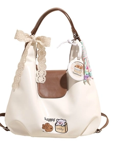 Sac fourre-tout en cuir PU blanc style japonais avec nœud en dentelle et broderie