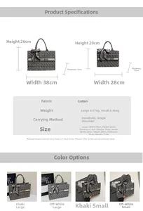 Detailed size chart and dimensions for large and small canvas tote bags with patterns