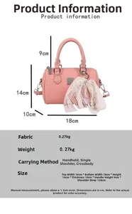 Pink boston bag with lace bow and pearl charm showing dimensions 18x14x10cm