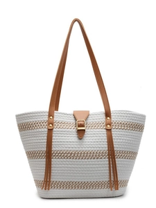 Large bohemian woven straw tote bag with brown leather straps and horizontal stripe detail