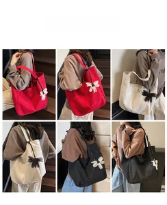 Collage of canvas tote bags in red, beige and black worn by a model for daily use