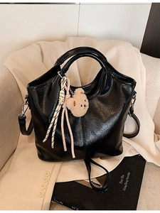 Women PU Leather Bucket Bag Minimalist Crossbody Shoulder Bag With Plush Bear Pendant Stylish Tote Handbag For Daily Use