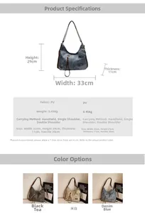 Detailed size chart of vintage denim style tote bag showing dimensions and colors
