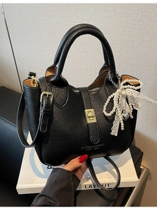 Women Korean Style Litchi Pattern PU Leather Bucket Bag Minimalist Crossbody Shoulder Handbag With Artificial Pearl Lace Pendant