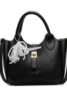 Black pebbled leather bucket bag with gold clasp and elegant lace pearl bow decoration