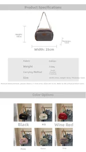 Detailed dimension chart and color options for multi-pocket nylon crossbody bag
