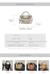 Detailed size chart for the pleated bucket bag showing 20x15cm dimensions and pearl chain