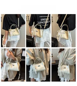 Six-view montage of a cream hobo bag with lace bow and pearls on different outfits