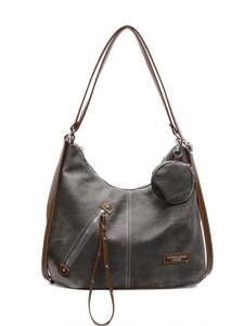 Retro canvas shoulder bag with leather trim and detachable coin purse on white background