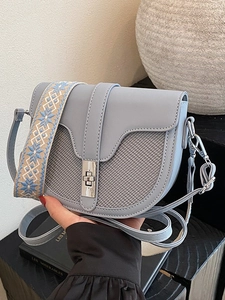 Chic blue and gray color-block saddle bag with embroidered wide strap and silver lock