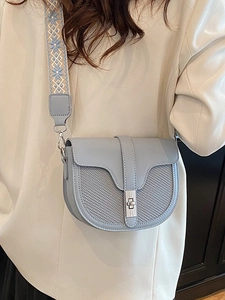 Morandi blue crossbody saddle bag with woven texture and vintage wide embroidered guitar strap