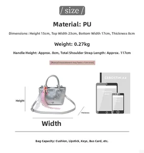 Tableau des tailles détaillé pour mini sac cabas argenté avec dimensions et capacité