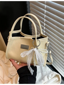 Fashion Korean Bow Bucket Bag For Women Large Capacity PU Leather Shoulder Crossbody Bag With Artificial Pearl Lace Pendant