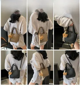 Collage of model wearing minimalist leather tote bags in black and khaki colors