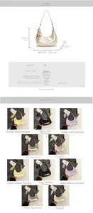 Size chart showing 23x17x7cm dimensions and PU leather specs for the crescent hobo bag