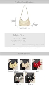 Size guide for patent leather half moon bag with dimensions 29x15x7cm and five color options