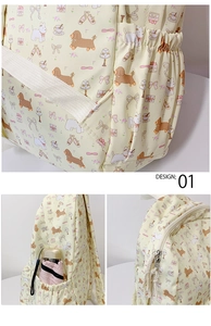 Detail of cream backpack side pocket and cute cartoon dog print with pink umbrella