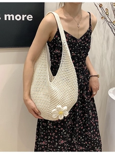 Beige florale Strick-Einkaufstasche mit großer Kapazität für Strand und Alltag