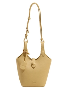 Secchiello minimalista in pelle martellata beige con tracolla regolabile e logo FAN OR