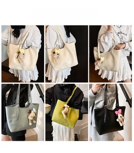 Minimalist faux leather tote bag in four colors with cute dog plush pendant accessories