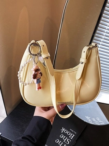 Women Fashion PU Leather Crescent Hobo Bag Luxury Contrast Stitching Underarm Bag With Artificial Pearl Doll Pendant Solid Color Handbag