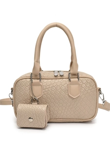Chic beige woven texture bowling bag with matching mini pouch and silver hardware
