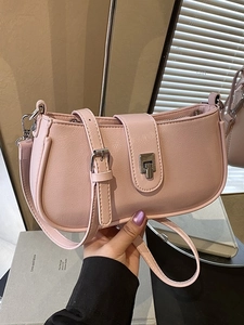 Women Fashion PU Leather Baguette Bag Underarm Crossbody Bucket Bag Silver Metal Lock Solid Color Elegant Daily Shoulder Bag