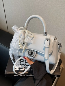 Women Fashion PU Leather Small Square Crossbody Bag With Lace Artificial Pearl Bow Heart Pendant Elegant Versatile Top Handle Handbag