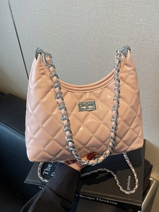 Pink quilted leather crescent shoulder bag with silver chain strap and metal lock