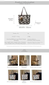 Detailed size specifications and color options for large cow print tote bag with dimensions
