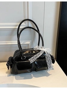 Women Glossy PU Leather Boston Bag Multi Pocket Underarm Shoulder Bag With Lace Bow Vintage Sweet Cool Style Daily Bag