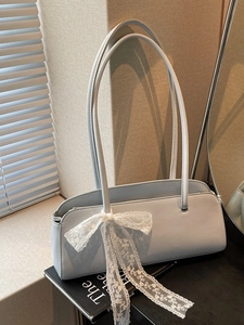 Women French Retro PU Leather Baguette Bag With Lace Bow Decor Large Capacity Underarm Shoulder Bag Fashion Niche Pillow Bag