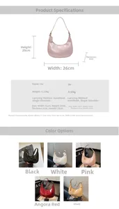 Detailed dimension chart showing sleek semi-circle handbag with strap length measurements