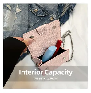 Pink croc-effect mini chain bag interior showing space for two lipsticks for daily use