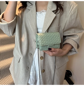 Detailed view of mint green woven leather mini bag with elegant silver chain strap