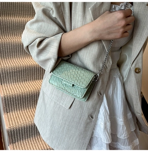 Detailed texture of sage green woven leather crossbody bag with silver chain strap