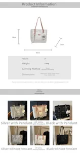 Size chart showing large PU leather tote bag dimensions and three color options