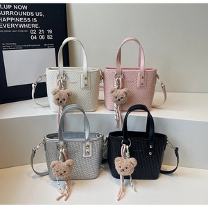 Modern bucket bag set in beige, pink, silver and black with teddy bear charms