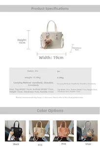 Detailed size chart of a quilted PU leather bucket bag with a cute bear charm