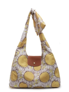 Canvas draagtas voor dames met zonnebloemprint, bruine leren flap en metalen drukknoop