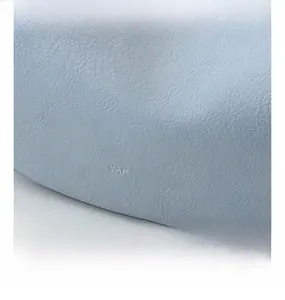 Detail showing high-quality pebbled texture and embossed logo on light blue leather bag