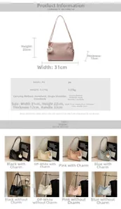 Detailed view of women large capacity PU leather tote bag with size dimensions and charms