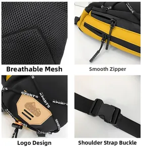 Détails de la maille respirante, fermeture éclair, étiquette et boucle du sac de randonnée