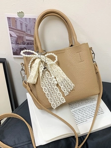 Borsa a Secchiello in Pelle PU con Motivo Litchi Moda Donna Piccola Borsa a Mano a Tracolla Con Fiocco in Pizzo Ciondolo di Perle