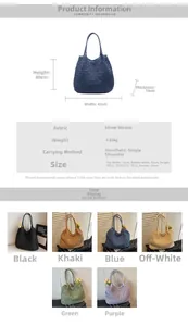Detailed size specifications and six-color options for large woven straw tote bags