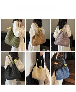 Detailed grid view of high-capacity woven tote bags in six different vibrant colors